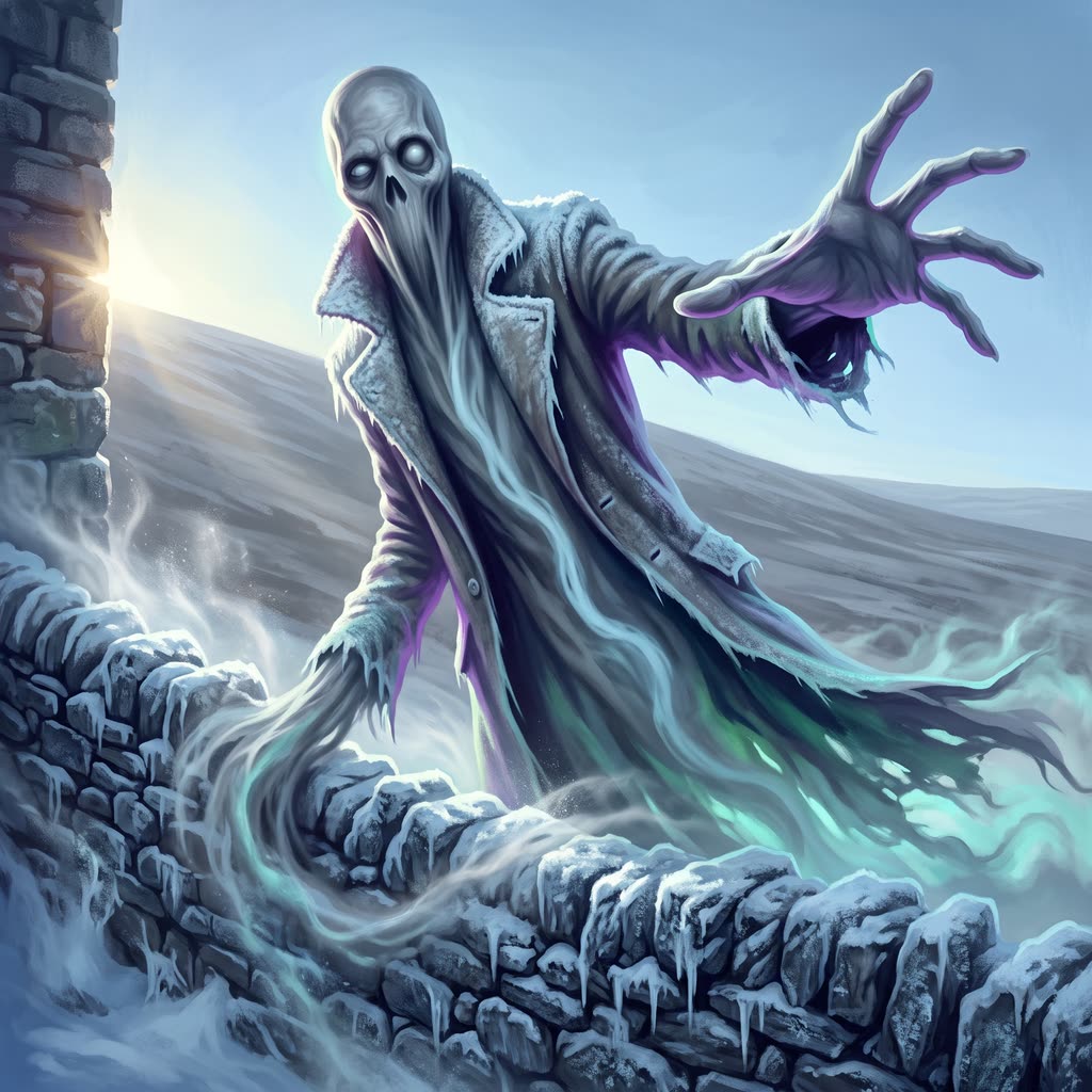 A tall gray wraith in a ragged drover's coat rises from behind a frosted stone wall.
