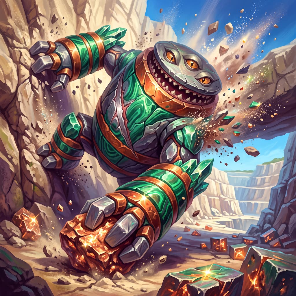 A squat three-legged xorn of green and copper crystal lunges out of a quarry cliff.
