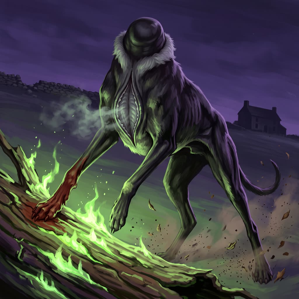 A tall black headless hound rises from a crouch beside a rotten log glowing acid green.