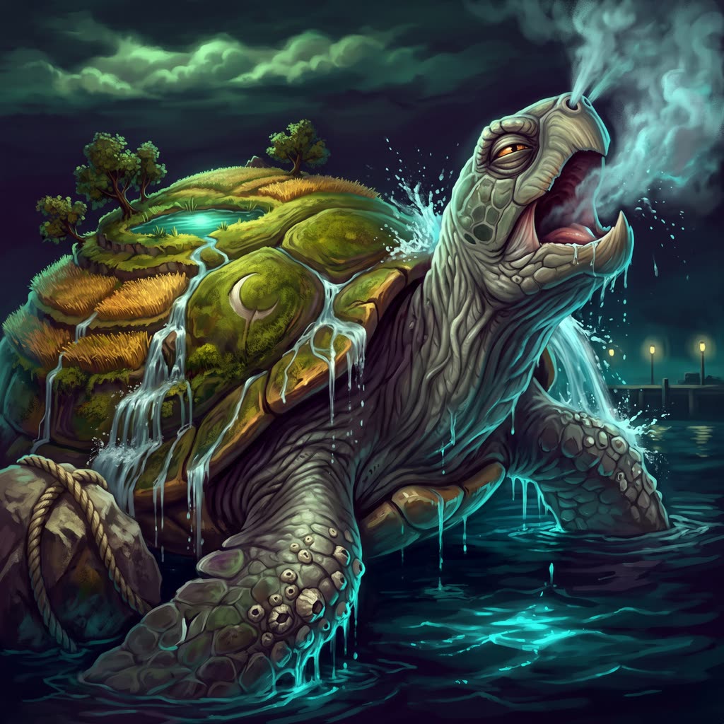 A colossal sea turtle rises from dark water at night.