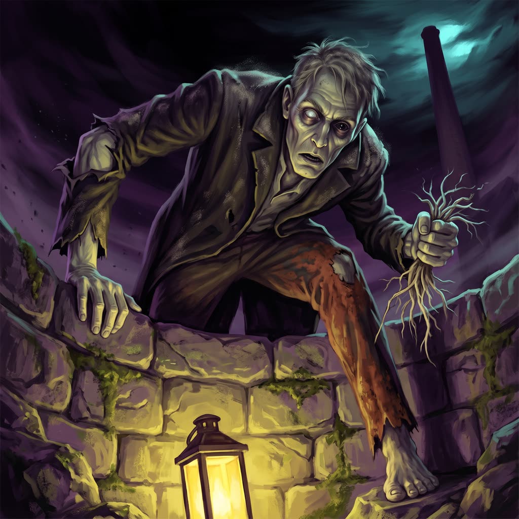 A gray-green zombie in a torn black burial coat hauls itself over a stone cistern rim at night.