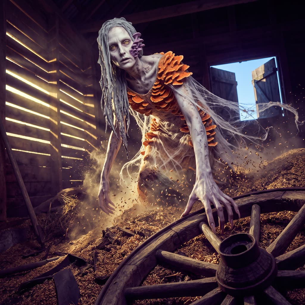 A nine-foot woman of pale mottled skin and orange bracket-fungus armor rises from rotted grain in a sunlit granary.